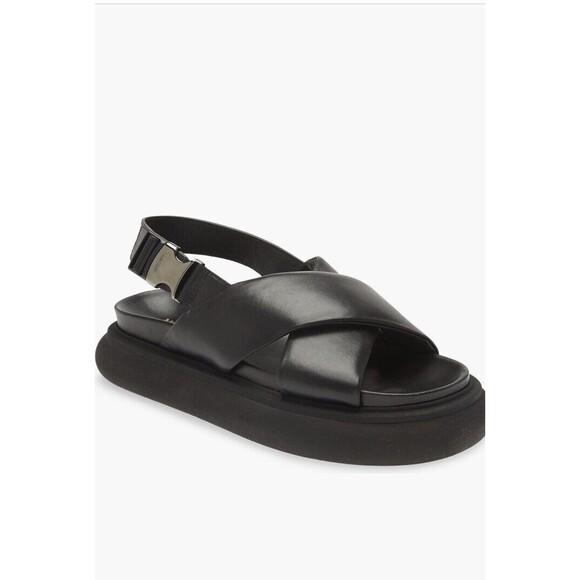 New Moncler Women Black Solarisse Cross-Strap Leather Sandals Platform 37 7 7.5 - Picture 1 of 13